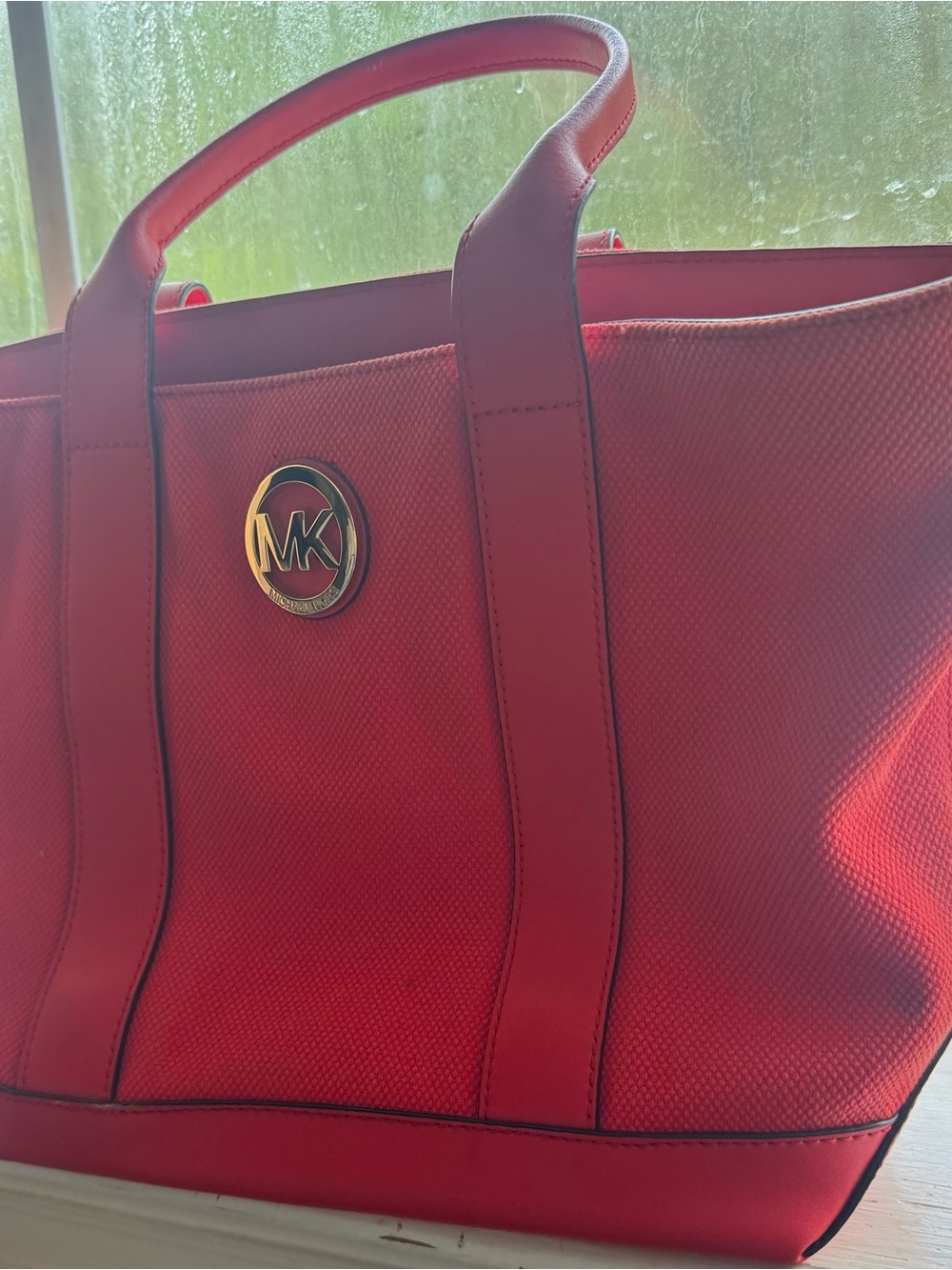 Michael Kors Red Textured MK Tote with Gold Logo